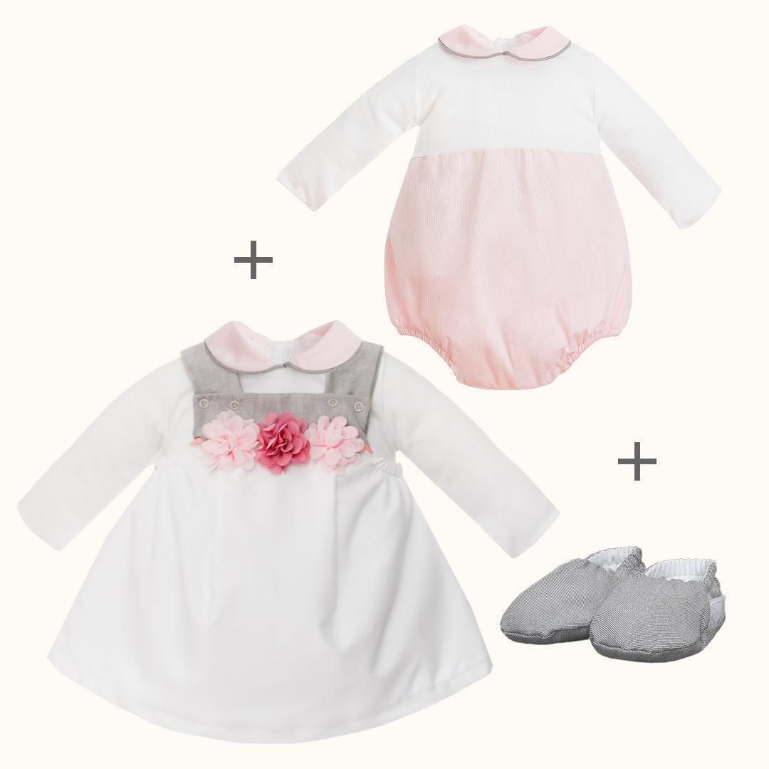 Vestido e Body/Cueca e Sapatos Jardim Branco/Cinza - Pim-Pam-Pum Baby