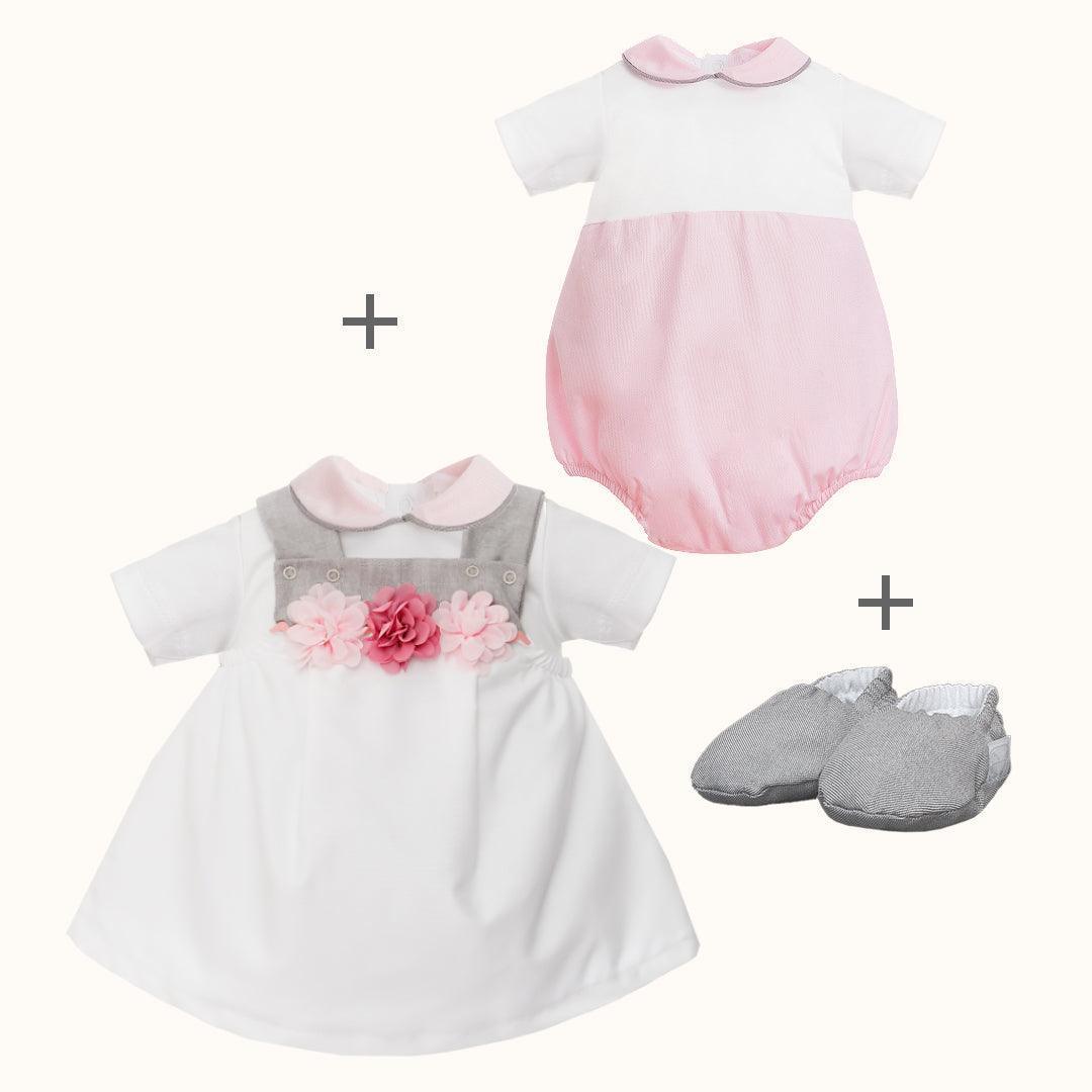 Vestido e Body/Cueca e Sapatos Jardim Branco/Cinza - Pim-Pam-Pum Baby