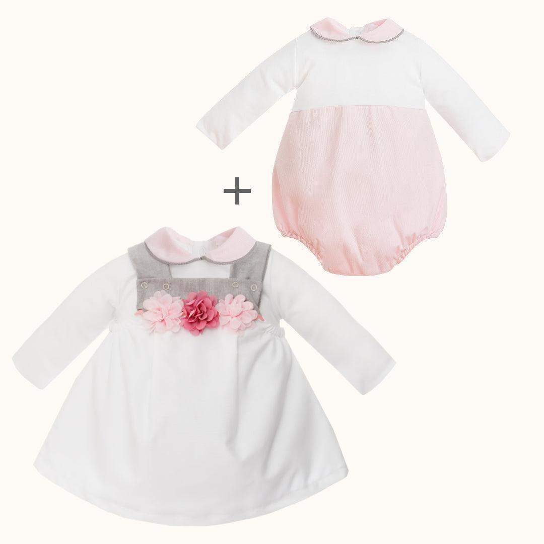 Vestido e Body/Cueca Jardim Branco/Cinza - Pim-Pam-Pum Baby