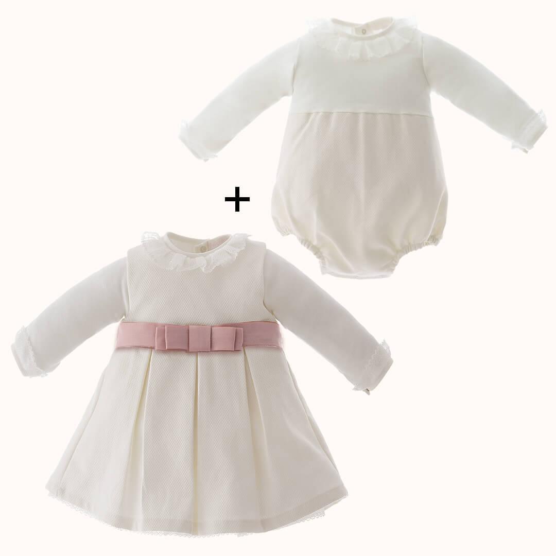 Vestido e Body/Cueca Romantic Bege Rosa Velho - Pim-Pam-Pum Baby