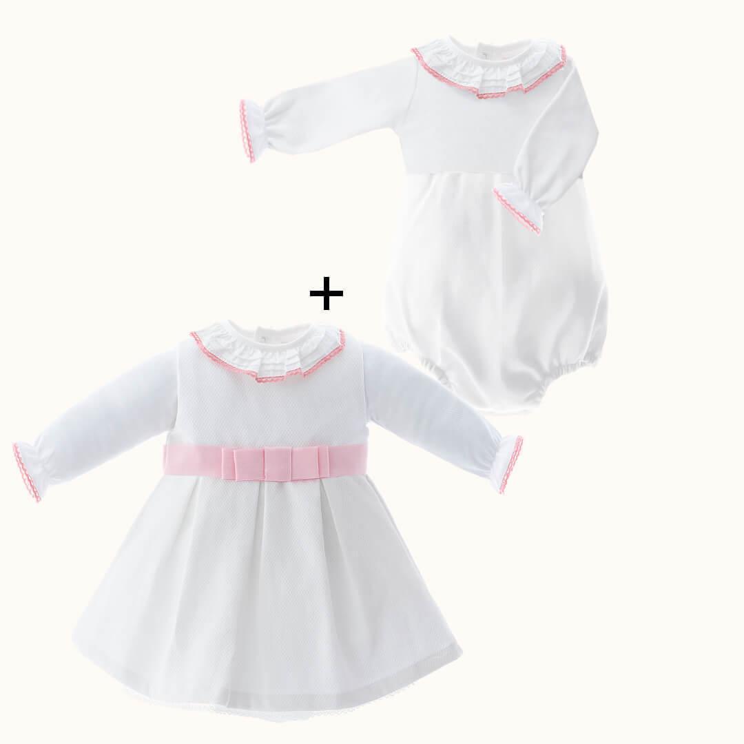 Vestido e Body/Cueca Romantic Branco/Rosa - Pim-Pam-Pum Baby